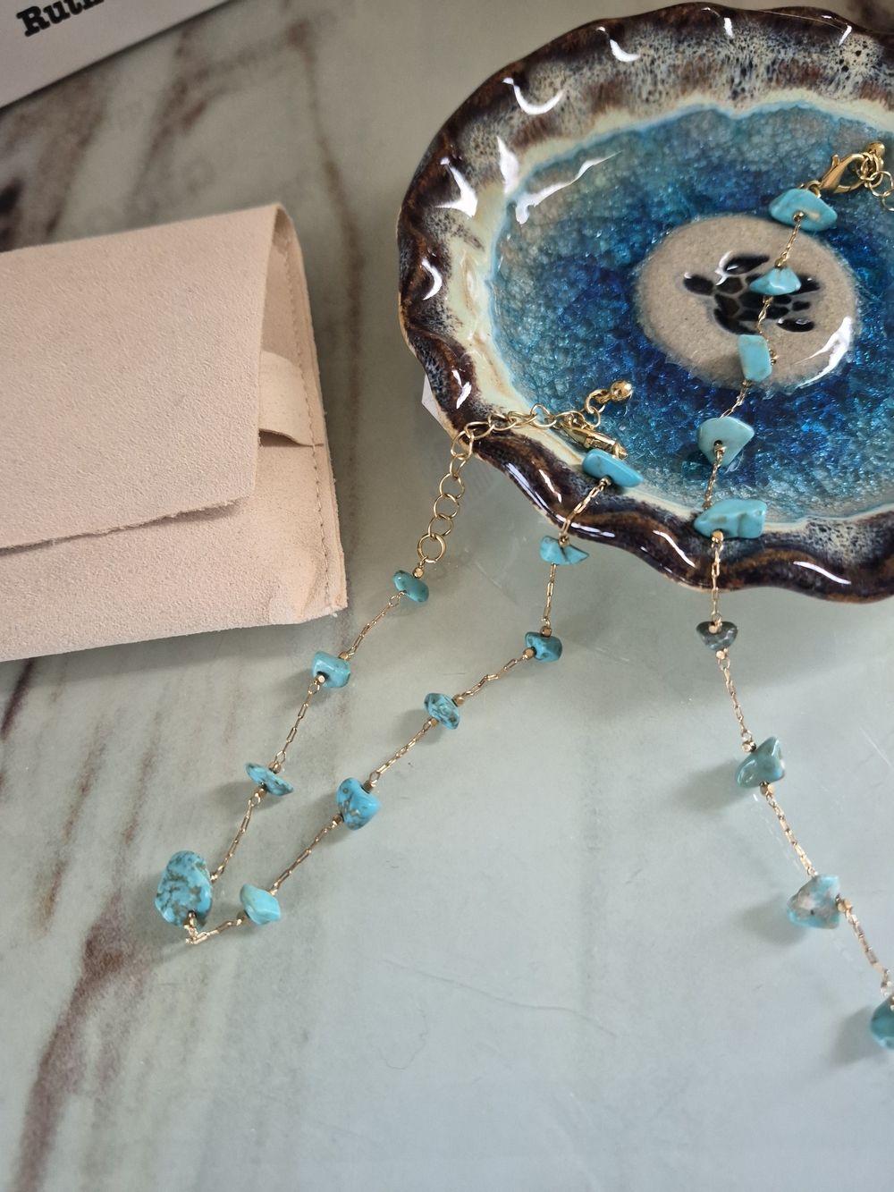Turquoise Chip Gold-Link Necklace And Bracelet Set- Blue Stone Beaded Jewelry